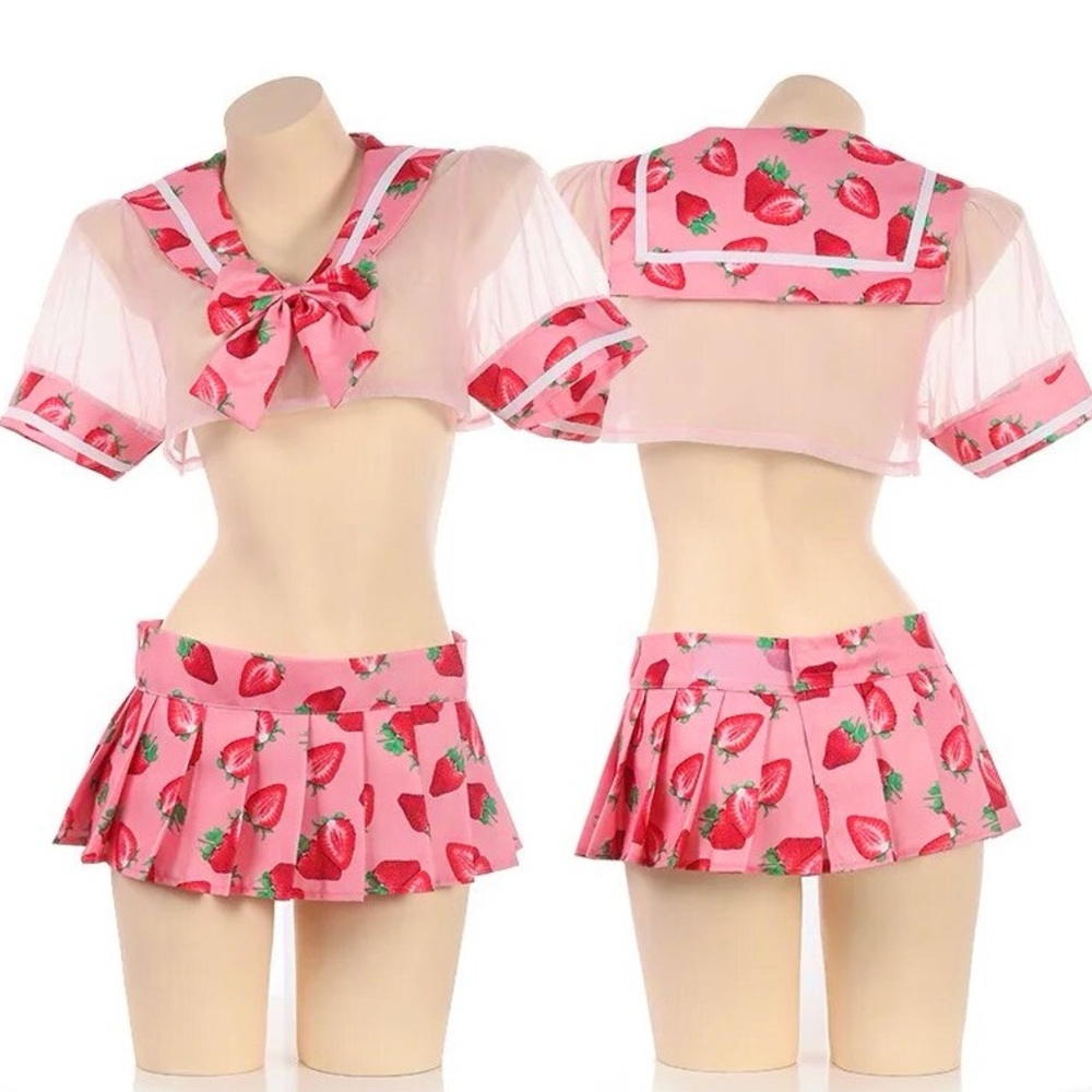 NWOT - Cute Sexy Strawberry Sheer Top & Pleated Mini Skirt Lingerie Costume